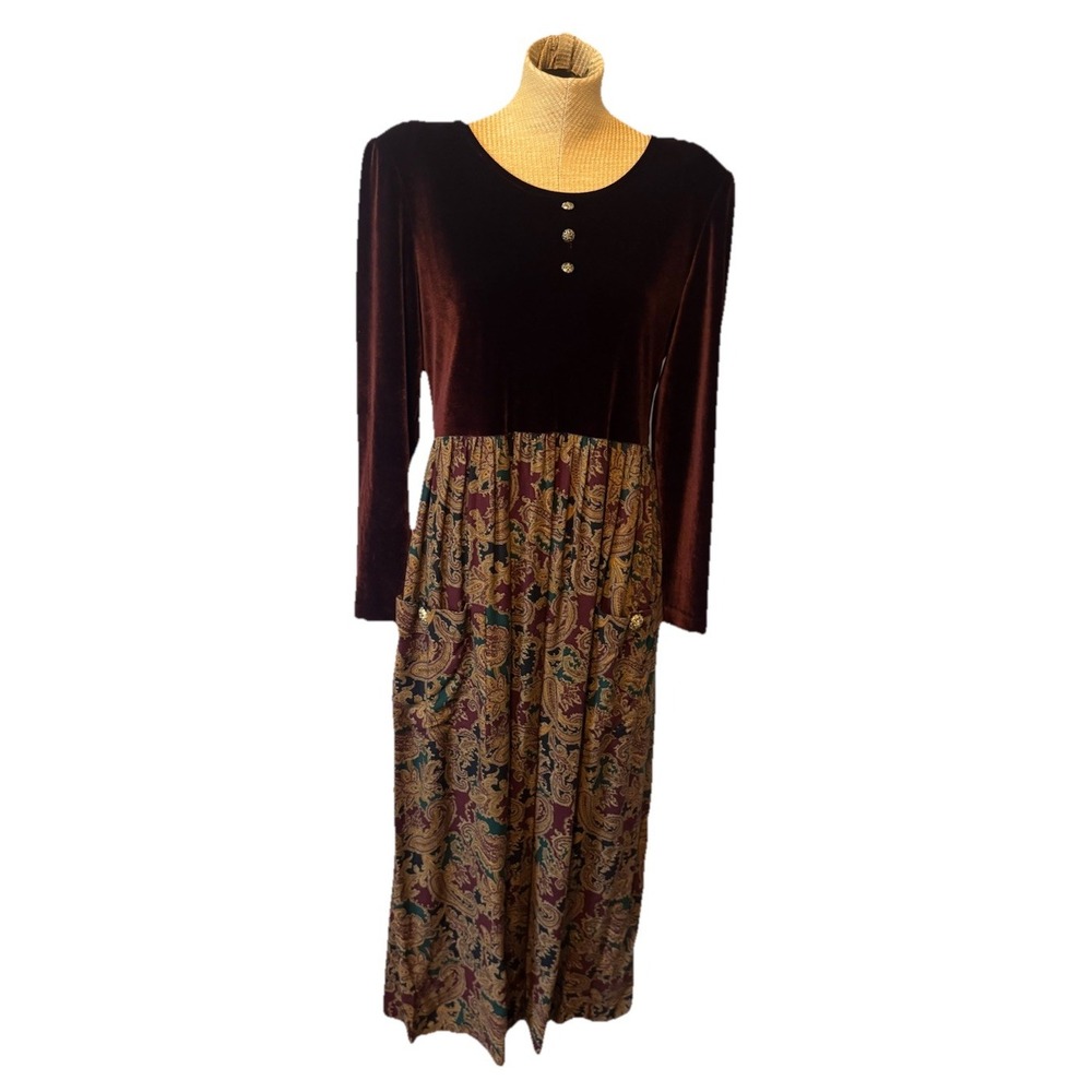 VTG 90s Jessica Howard Velvet Paisley Burgundy Grunge Fairy Goth Dress Sz 14